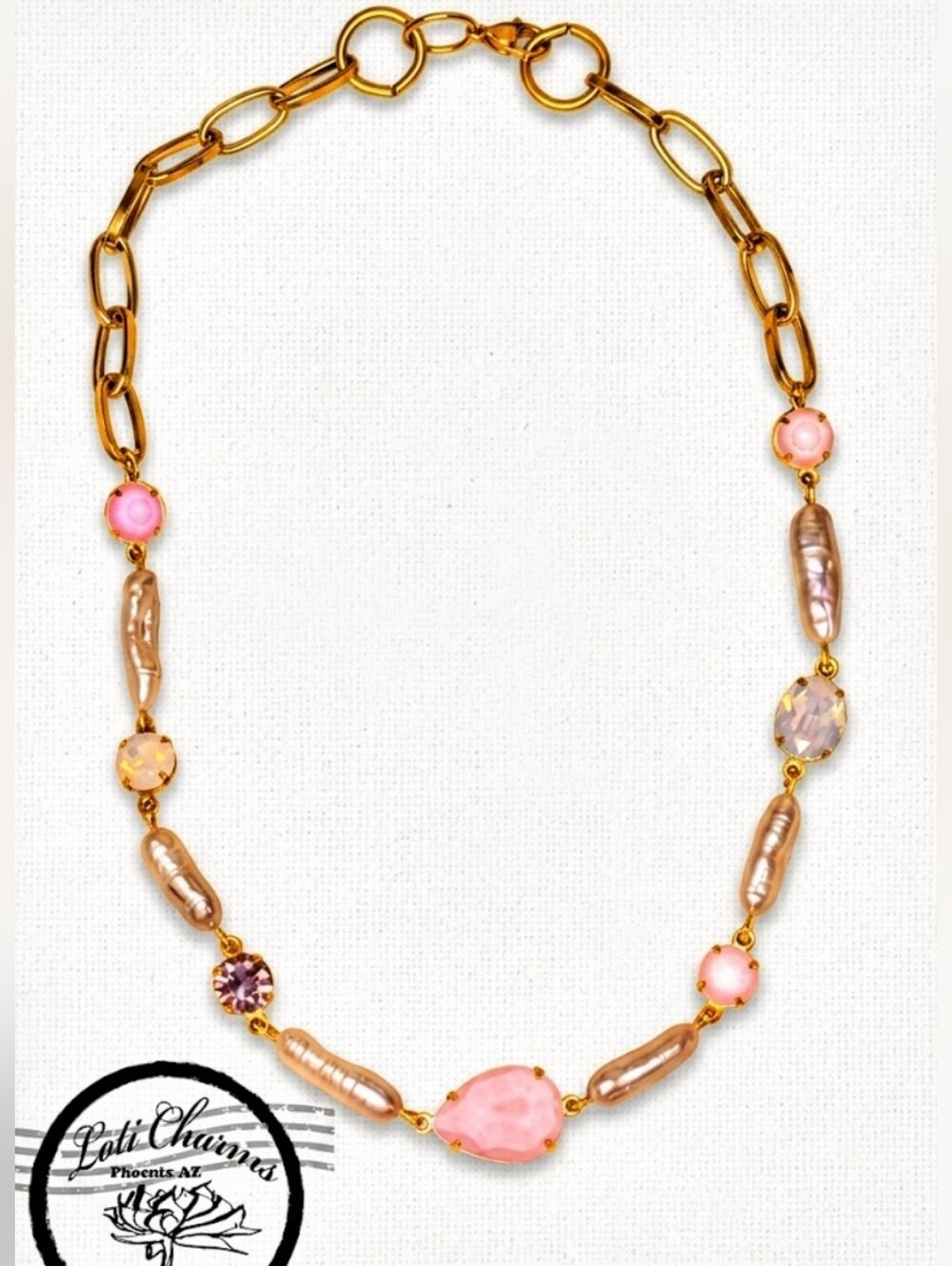 Pink Rose Opal Crystals &  Pearls Classic Handmade Artisan Rae Plated.Necklace